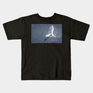 Great Egret Flying Over Water Kids T-Shirt